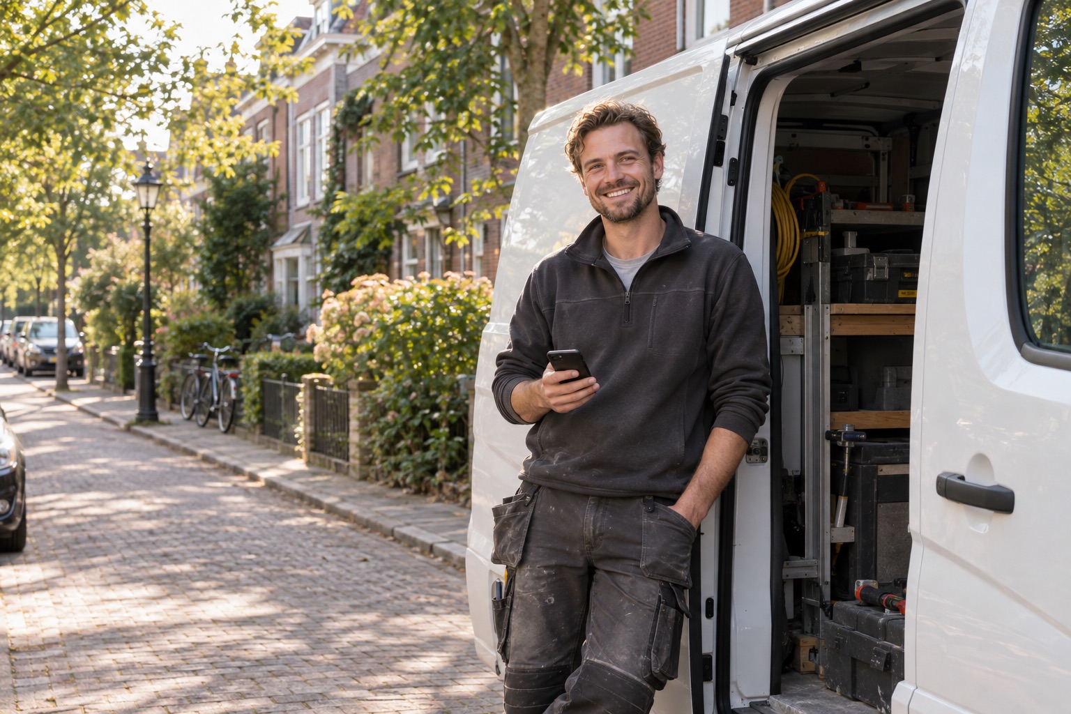 Een vakman bij zijn bedrijfsbus